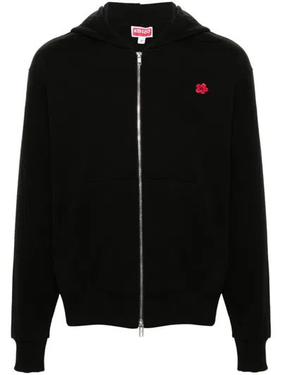 KENZO KENZO BLACK SWEATSHIRT WITH ZIP AND FLOWER PRINTED
