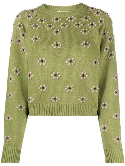 Kenzo Floral-embroidered Wool Jumper In Green