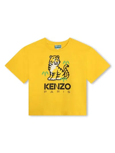 Kenzo Kids' Kotora Tiger-print Organic Cotton T-shirt In Yellow