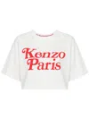 Kenzo Cropped Cotton T-shirt With Iconic Logo And Relaxed Fit In Bianco