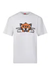Kenzo 'gots Happy Tiger' White Crewneck T-shirt With Maxi Logo Embroidery On The Front And Logo Lettering In White