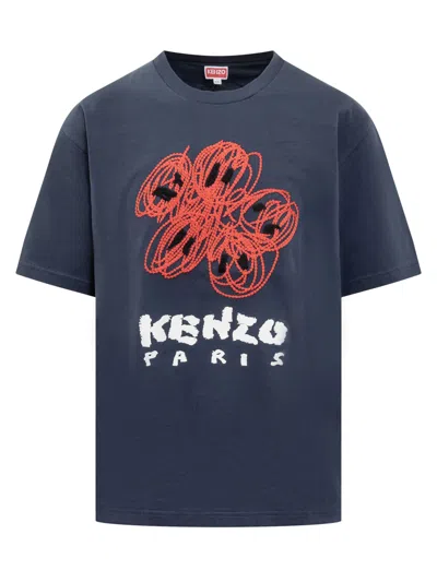 Kenzo T-shirt With Drawing Print In Midnight Blue