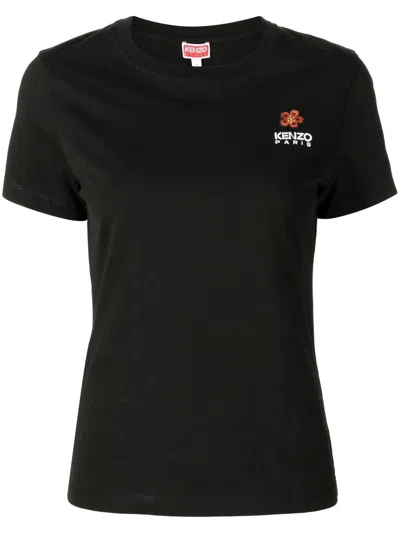 Kenzo Black Crewneck T-shirt With Logo Embroidery In Cotton