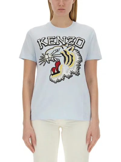 Kenzo T-shirt With Tiger Embroidery In Blue