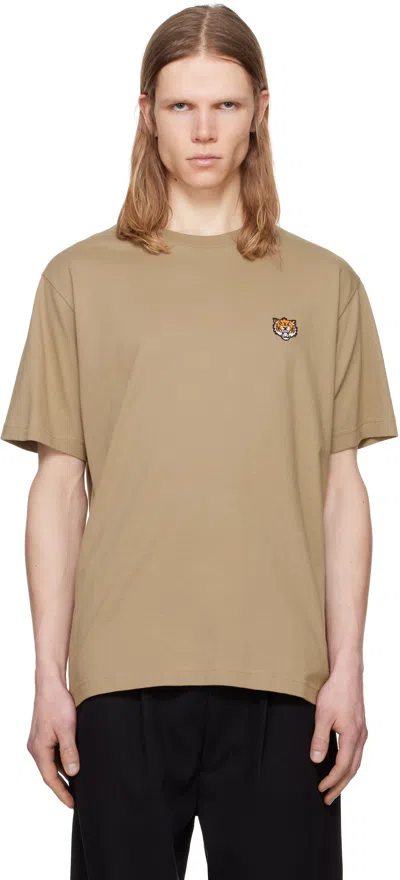 Kenzo Smiling Tiger Crew Neck Cotton T-shirt In Beige