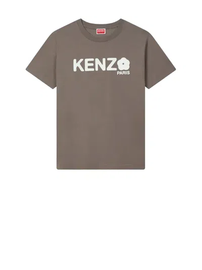 KENZO KENZO TAUPE GREY T-SHIRT WITH WHITE PRINT.