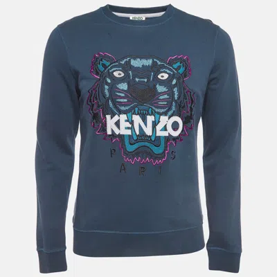 Pre-owned Kenzo Teal Blue Logo Tiger Embroidered Cotton Sweatshirt M