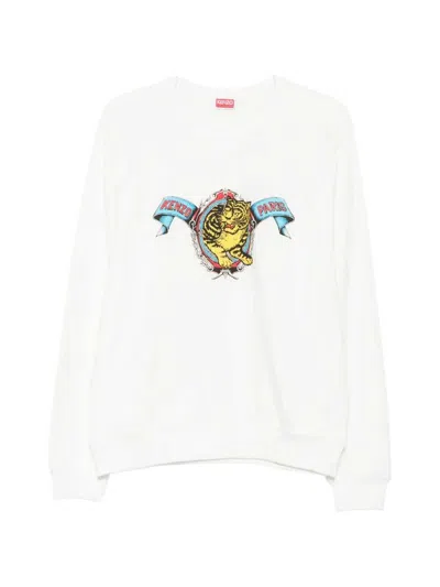 Kenzo Crew Neck Graphic Long Sleeve Silk Top In White