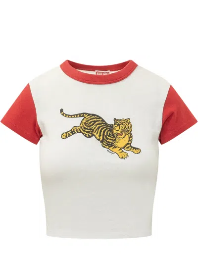 Kenzo Tiger Cropped T-shirt In Off-white