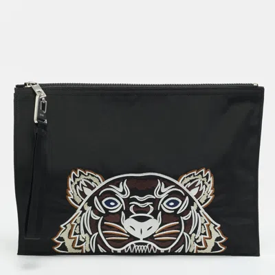 Pre-owned Kenzo Tiger Embroidered Black Nylon Flat Pouch