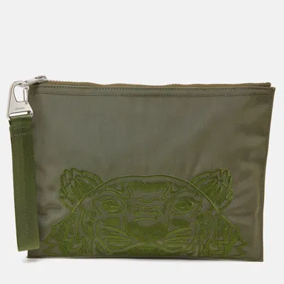 Kenzo Tiger Embroidered Canvas Zip Flat Pouch In Green