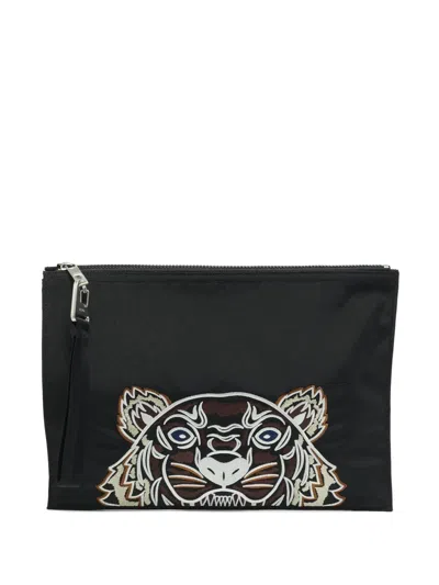 Pre-owned Kenzo Tiger Embroidered Clutch Bag In Black