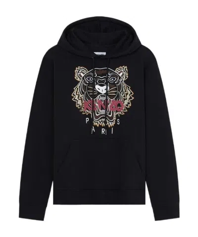 Kenzo Tiger Embroidered Cotton Hoodie In Black