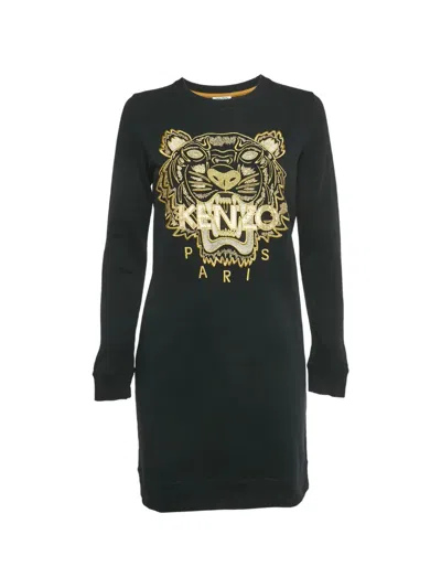 Pre-owned Kenzo Tiger-embroidered Cotton Mini Dress In Black