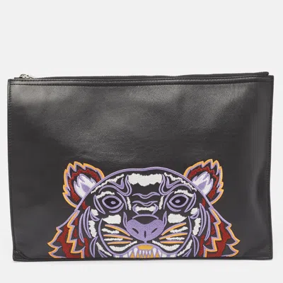 Kenzo Tiger Embroidered Leather Zip Flat Pouch In Black