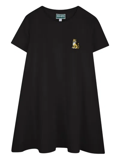 Kenzo Kids' Tiger-embroidered Short-sleeved Dress In Black
