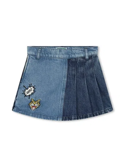 Kenzo Kids' Tiger-embroidered Washed Denim Skorts In Blue