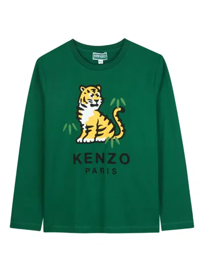 Kenzo Kids' Tiger-graphic Long-sleeve T-shirt In Green