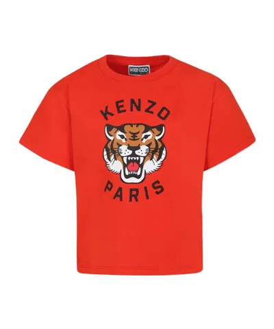 Kenzo Kids' Tiger Head-print T-shirt In Red