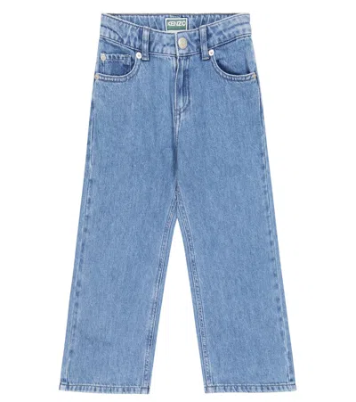 Kenzo Kids' Wide Leg Embroidered Cotton Denim Jeans In Blue