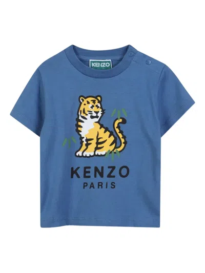 Kenzo Babies' Tiger-print Short-sleeve T-shirt In Blue