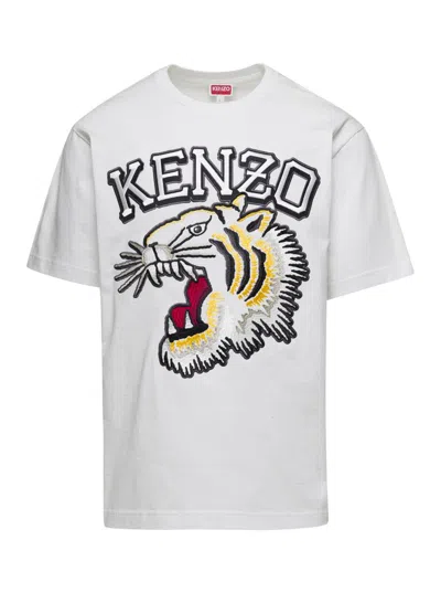 KENZO WHITE T-SHIRT WITH TIGER VARSITY EMBROIDERY IN COTTON MAN