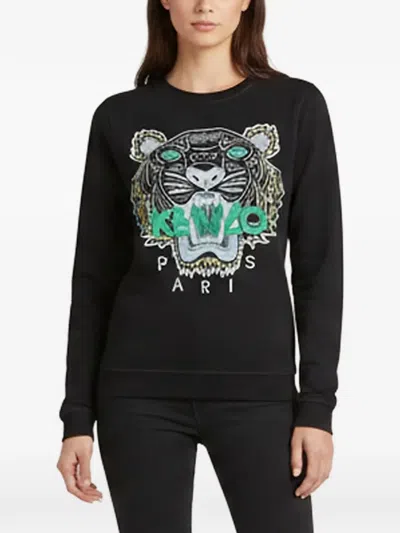 Pre-owned Kenzo Tiger-embroidered Cotton Sweatshirt In Black