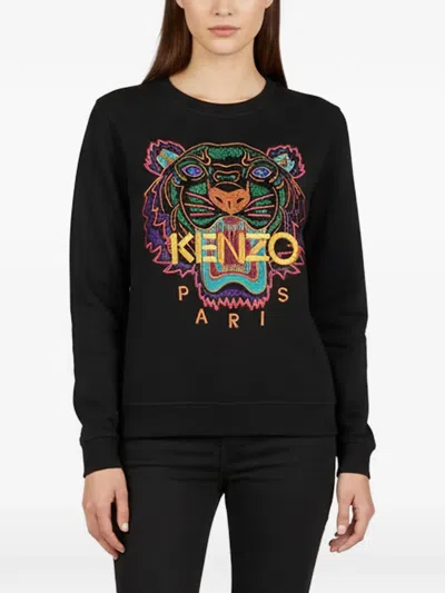 Pre-owned Kenzo Tiger-embroidered Crew-neck Sweater In Black