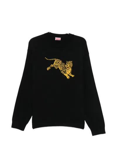Kenzo Tiger Motif Crew Neck Knit Sweater In Black