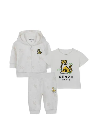 Kenzo Babies' Tiger-print Cotton Three-piece Set In Gray