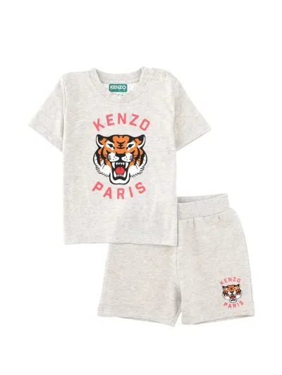 Kenzo Kids' Tiger-print Cotton-blend Pajamas In Gray
