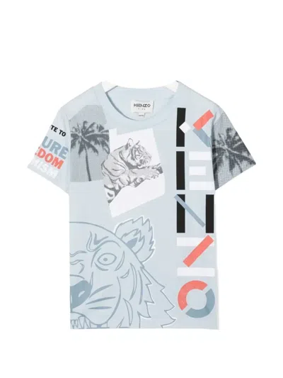 Kenzo Kids' Tiger-print Crew-neck T-shirt In Blue