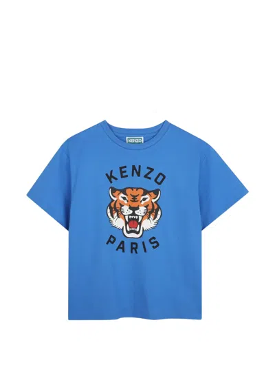 Kenzo Kids' Tiger-print Crew-neck T-shirt In Blue