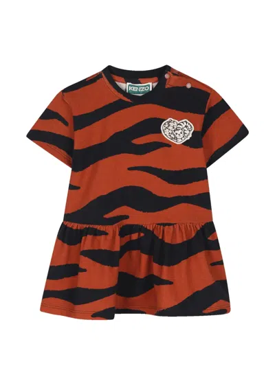 Kenzo Babies' Tiger-print Heart-patch Dress In Brown