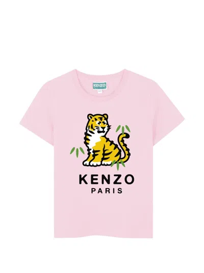 Kenzo Kids' Tiger-print Logo T-shirt In Pink