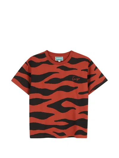 Kenzo Kids' Tiger-print Logo-embroidered T-shirt In Orange