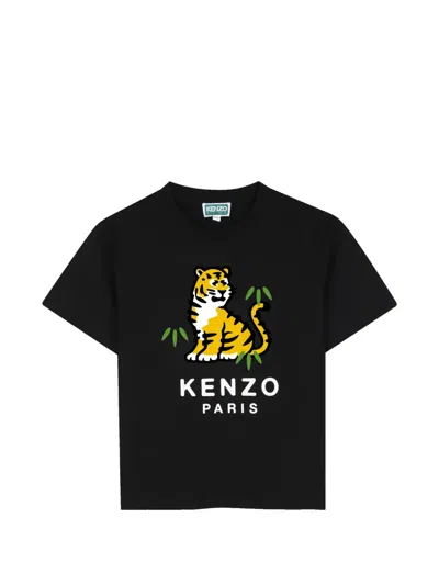 Kenzo Kids' Tiger-print Logo-print T-shirt In Black