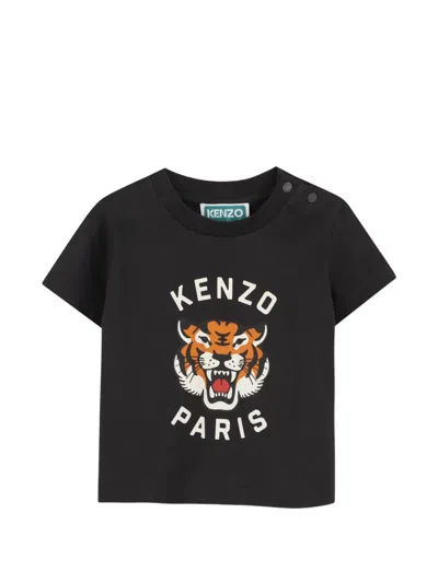 Kenzo Babies' Tiger-print Logo-print T-shirt In Black