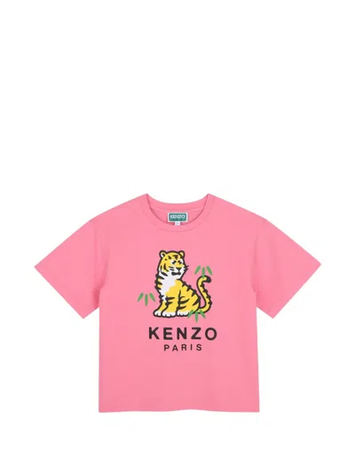 Kenzo Kids' Tiger-print Logo-print T-shirt In Pink