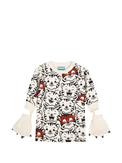 Kenzo Babies' Tiger-print Long-sleeve Dress In White