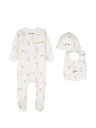 Kenzo Babies' Tiger-print Ribbed Textile Set In White