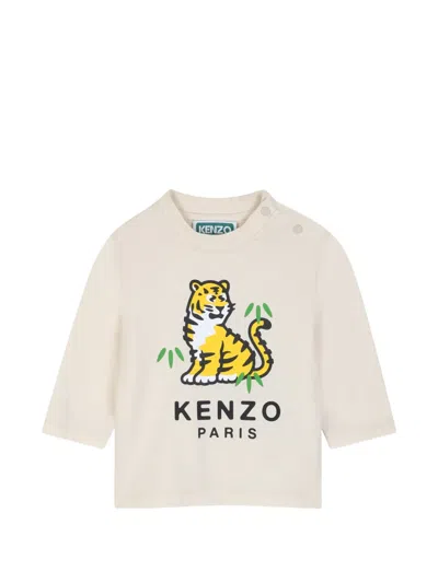 Kenzo Babies' Tiger-print Shoulder-button T-shirt In Neutral