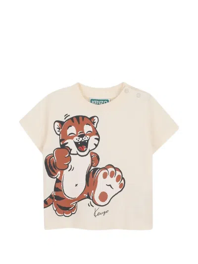 Kenzo Kids' Tiger-print Shoulder-button T-shirt In Neutral