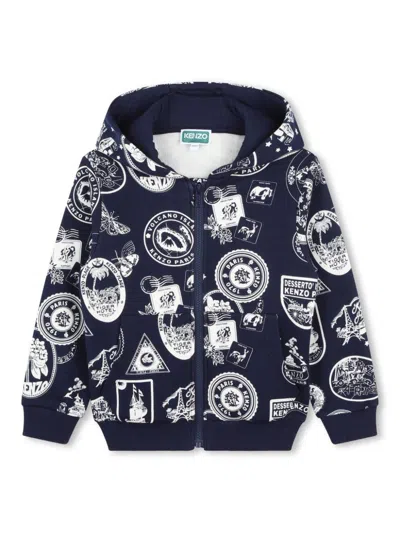 Kenzo Kids' Travel Print Zipped Hoodie In Blue