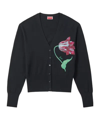 Kenzo ' Tulip' Cardigan In Cotton Wool In Black