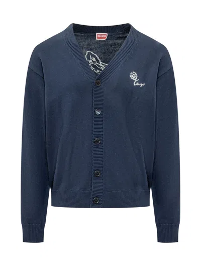 Kenzo Tulip Cardigan In Wool Blend In Bleu Noir