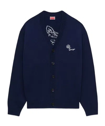 Kenzo Floral-embroidered Cardigan In Blue