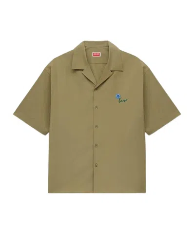 Kenzo Tulip-embroidered Short-sleeve Shirt In Brown