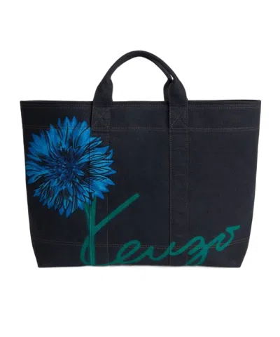 Kenzo ' Tulip' Large Tote Bag In Denim-like Twill In Black