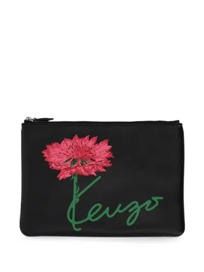 Kenzo Tulip Leather Clutch Bag In Black